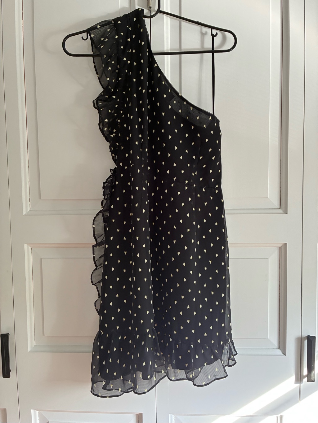 One-Shoulder Black Ruffle Mini Dress With Cream Print